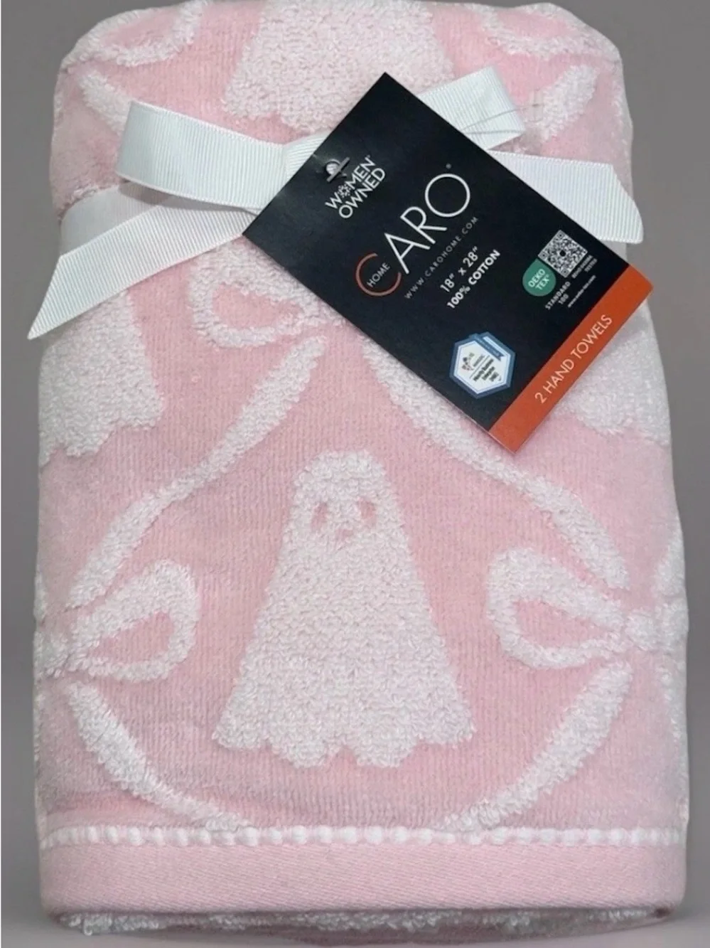 CARO Home Collection Halloween Pink Ghost & Bow 18” X 28” Hand Towels Set of 2